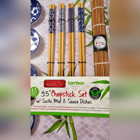 Cook Pro Bamboo 9.5" Sushi Chopstick Set with Blue Floral Dishes New - Picture 3 of 4